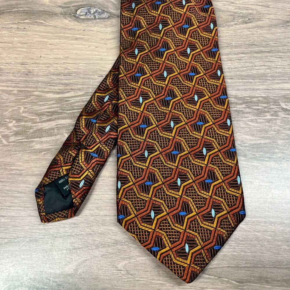 Jos.‎ A. Bank Necktie Mens Orange Gold Geometric Silk Made in Italy Wide Tie